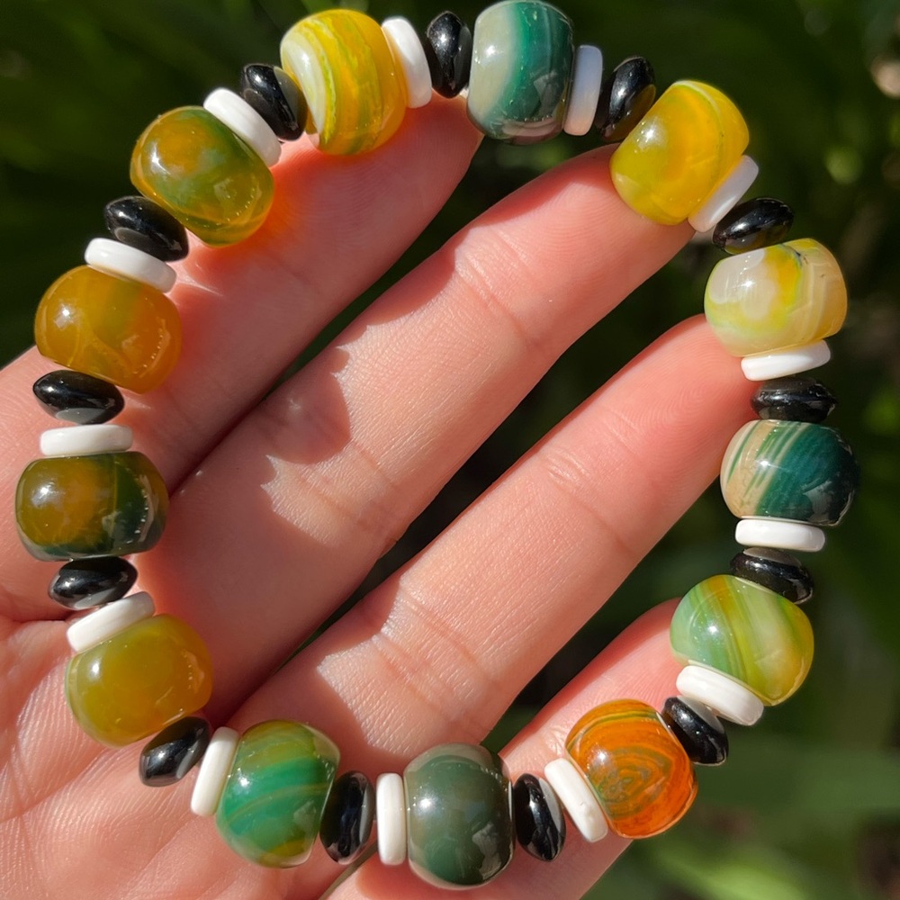 13mm‎ stretchable donut shape multicolor green banded agate bracelet